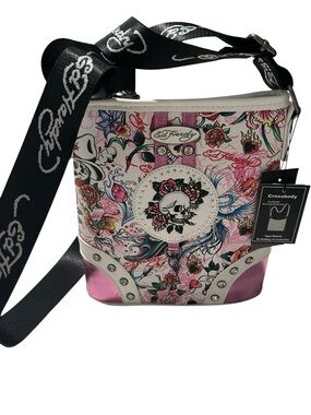 Ed Hardy Pink Floral Skull Studded Crossbody Bag with Black Logo Strap